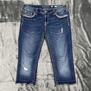 Miss Me Signature Capri Jeans Womens 31 Blue Medium Wash Distressed Rhinestone